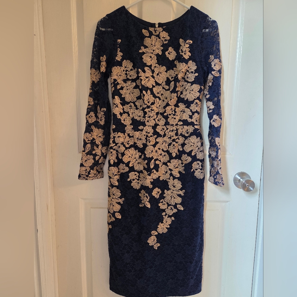 Stunning Gold Floral Lace Long Sleeve Dress